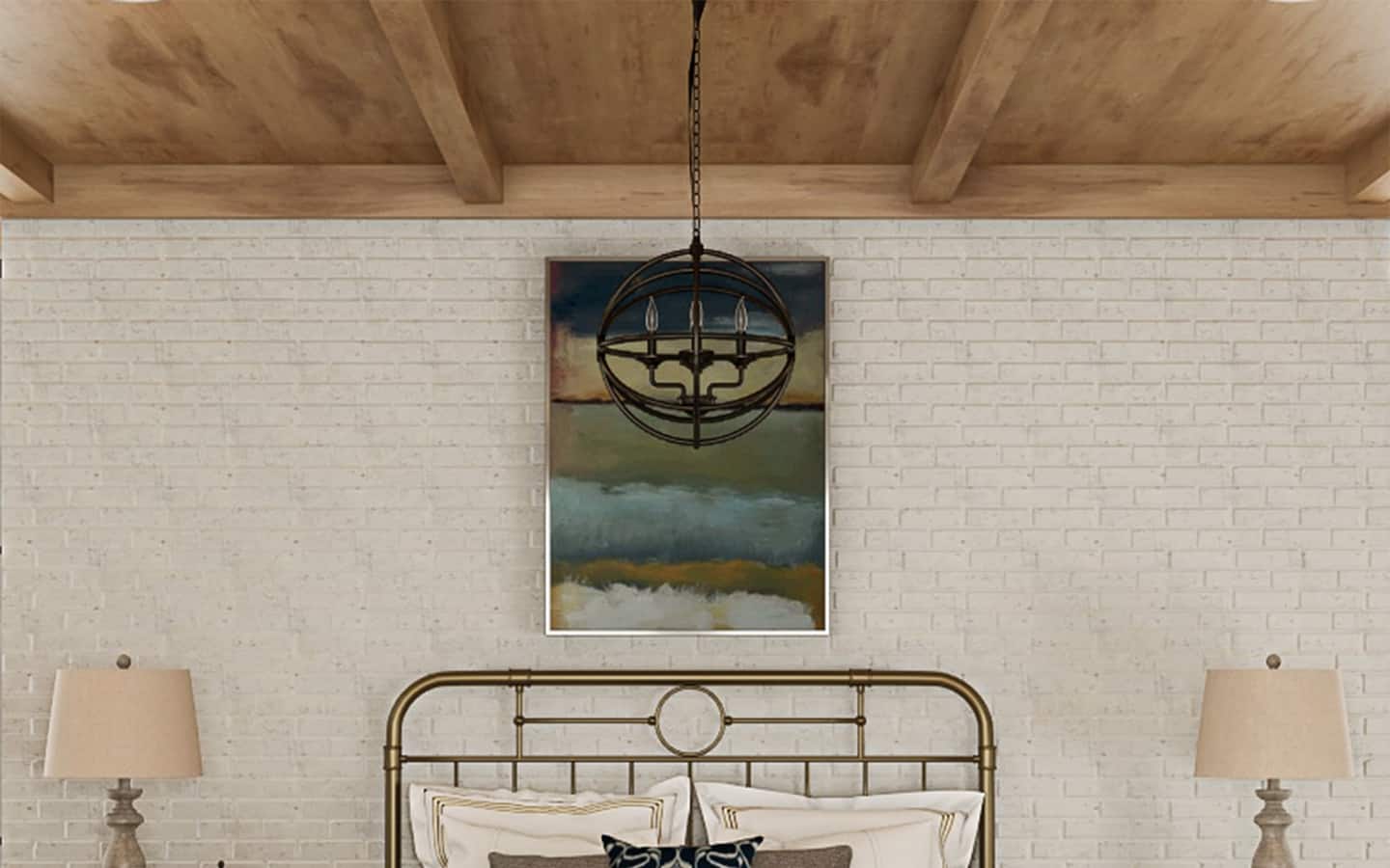 Wood plank ceiling above a bed