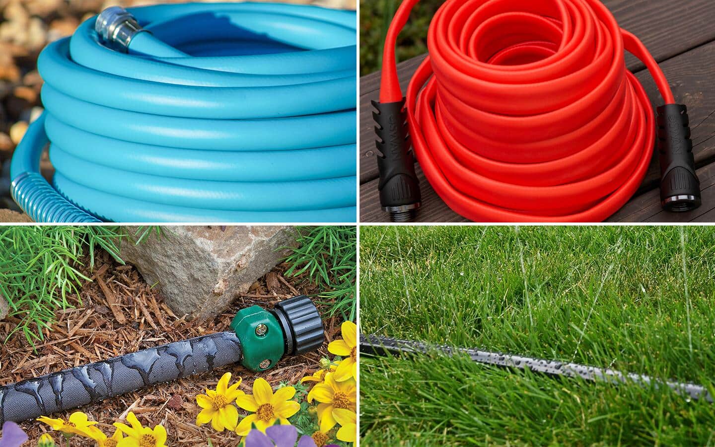 Various garden hose images, including a marine hose, standard hose, soaker hose and sprinkler hose.