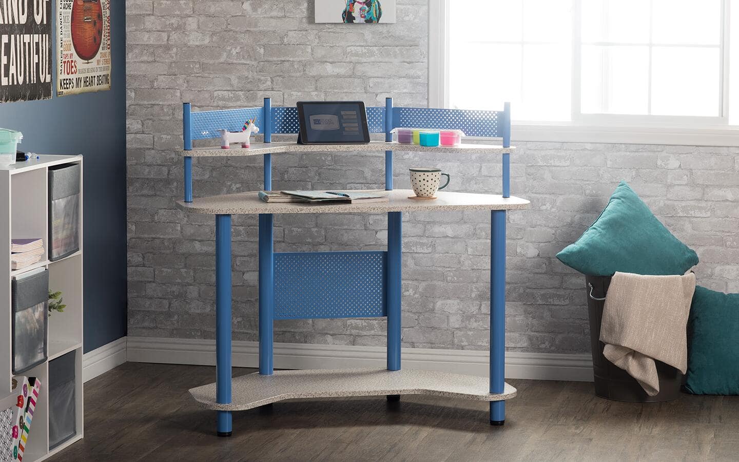 Corner desk/craft station with storage bins Corner desk/craft station with storage bins