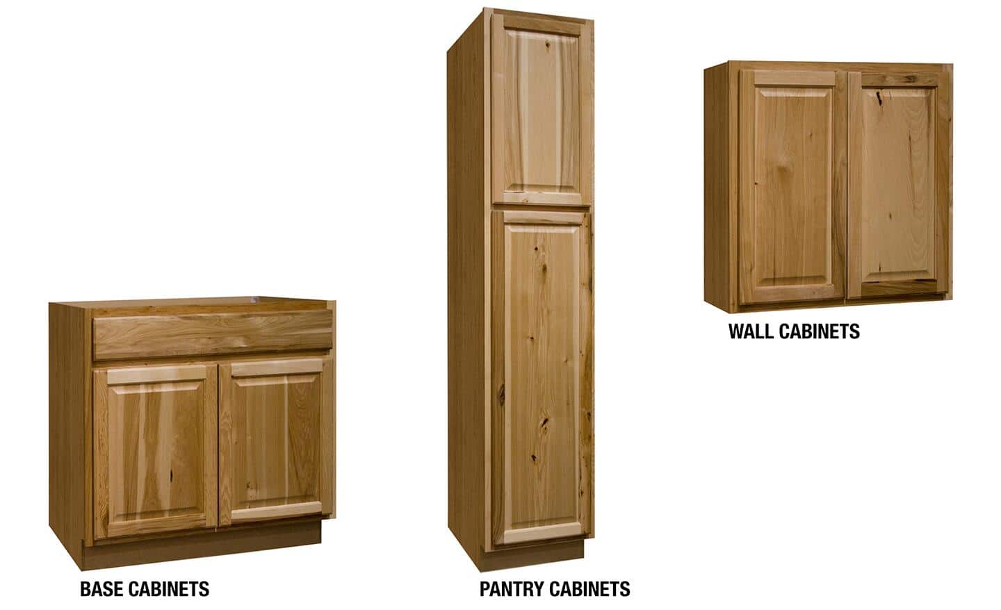 Kitchen base, pantry and wall cabinets in a modern hickory finish and style.