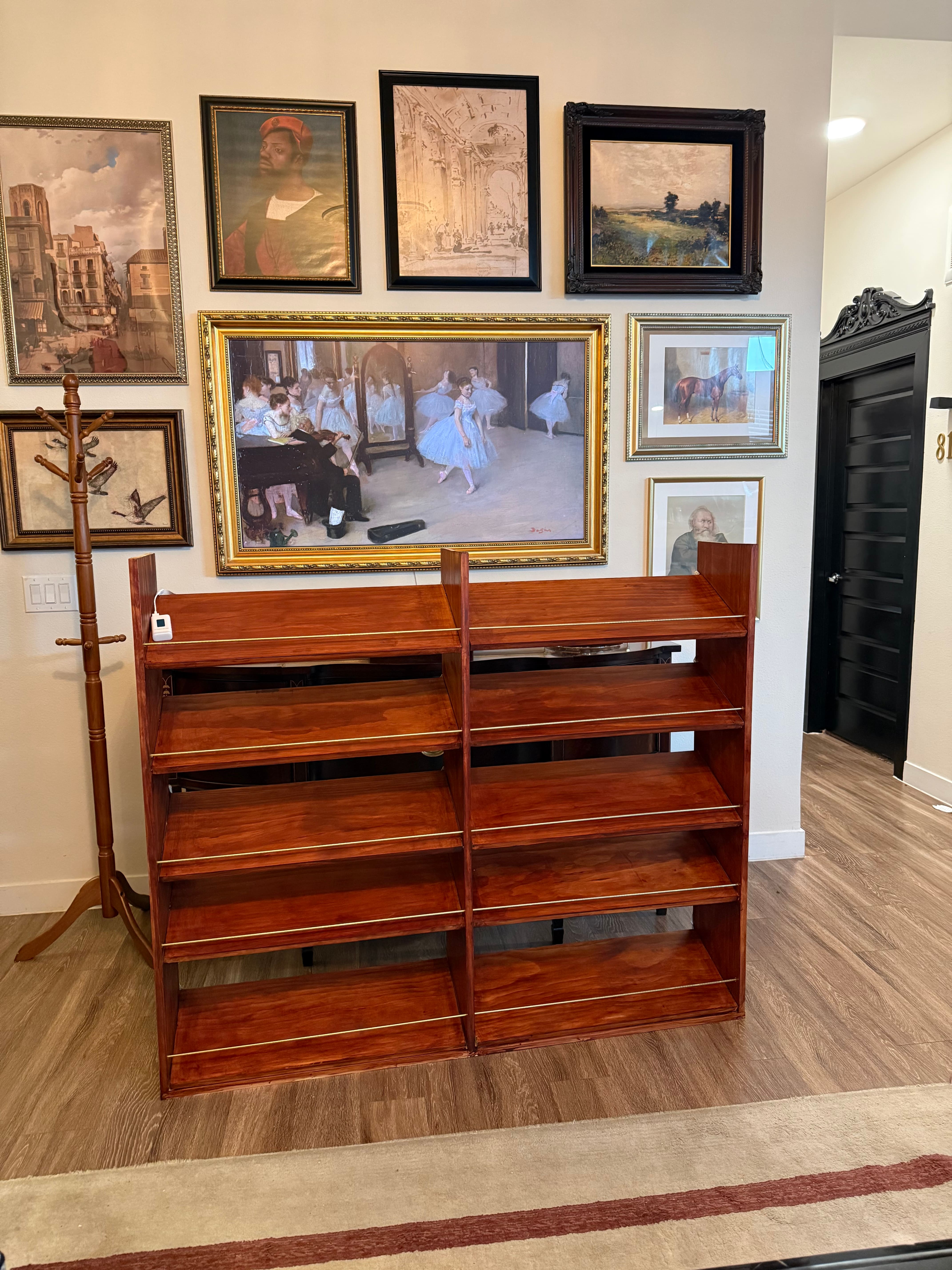 A stained wood shelf. A stained wood shelf.
