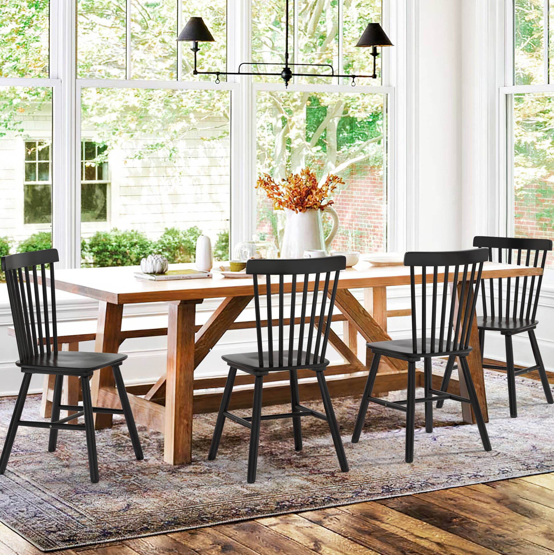 Windsor Black Solid Wood Dining Chairs for Kitchen and Dining Room (Set of 4)