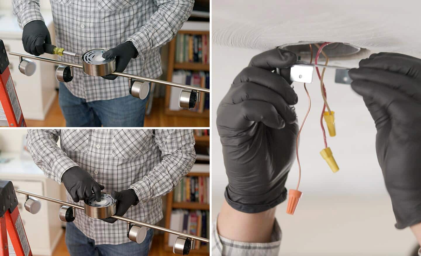 Upper left image: A person unscrews a mounting plate from a new, uninstalled track light. Bottom left image: Person removes a mounting plate from an uninstalled track light. Right image: A person places a mounting plate onto the ceiling's electrical box.