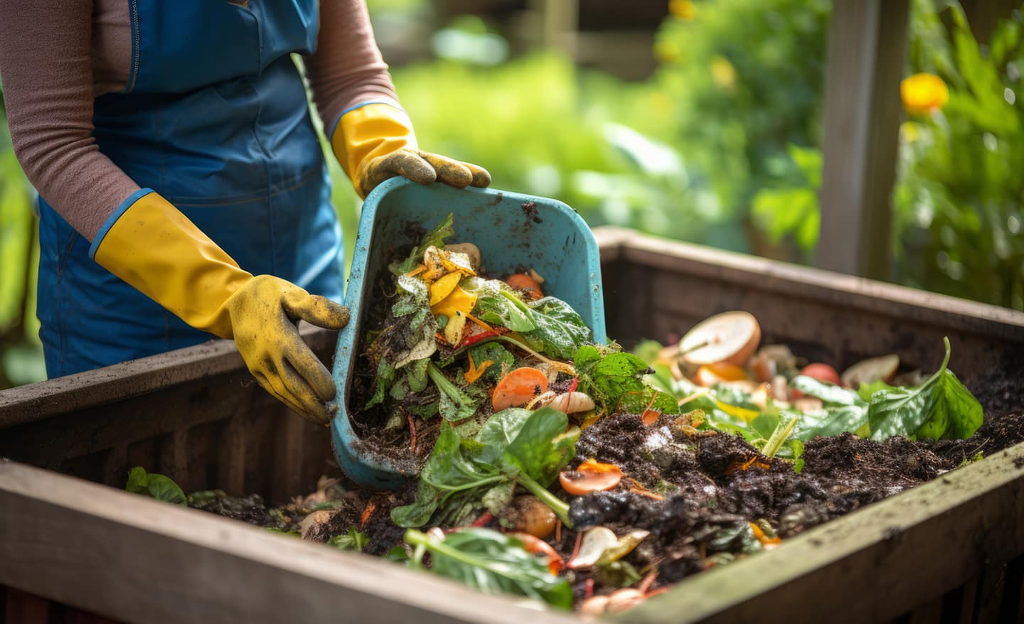 Gardener putting kitchen scraps in a compost pile