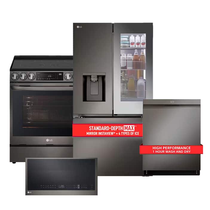 Black Stainless Steel Package with Mirror InstaView Counter Depth MAX French Door Refrigerator and 1-Hour Wash and Dry Dishwasher
