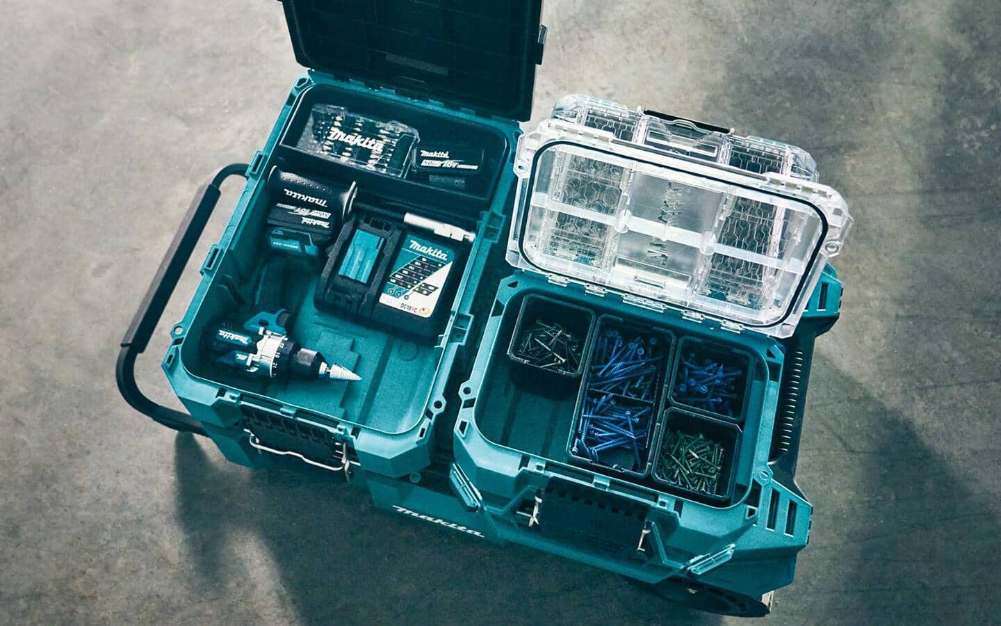 Dividers and trays protect and organize tools and parts in a modular tool storage system.