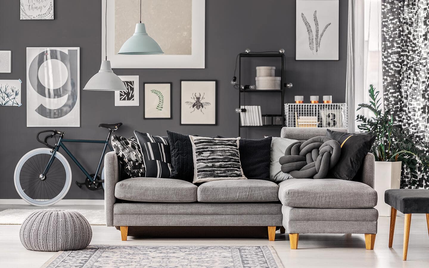 A gray and black living room color scheme.