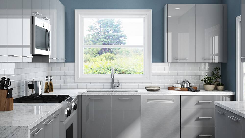 Home Decorators Collection Midtown Cabinets in High Gloss Metallic Gray