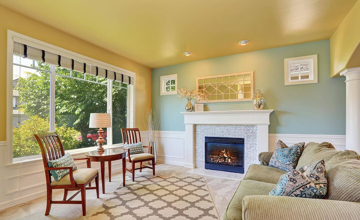 An living room ceiling painted with a glossy finish yellow paint. An living room ceiling painted with a glossy finish yellow paint.