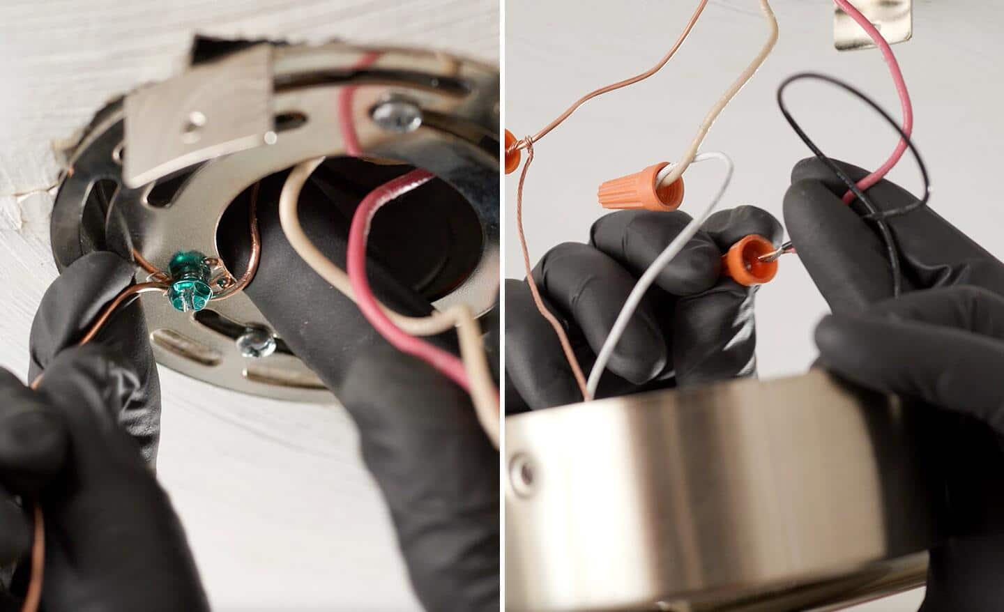 Left image: A person wraps the ground wire around the loosened green screw on the mounting plate. Right image: A person screws a wire nut onto the twisted together, stripped ends of the two load-carrying wires.