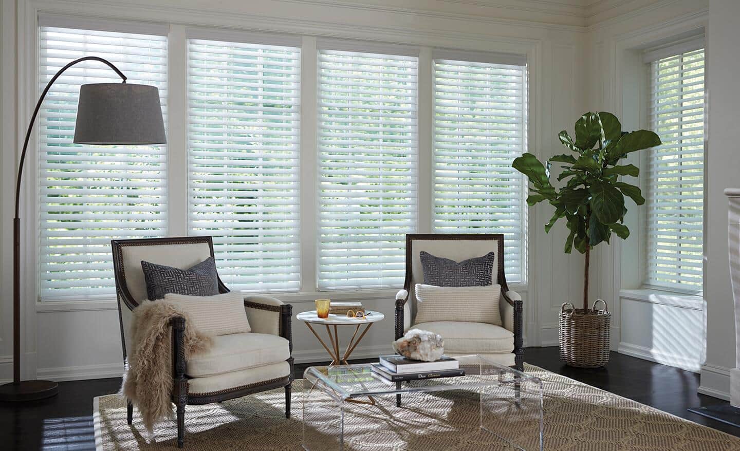Living room, including opened cordless blinds, two chairs and a plant. Living room, including opened cordless blinds, two chairs and a plant.