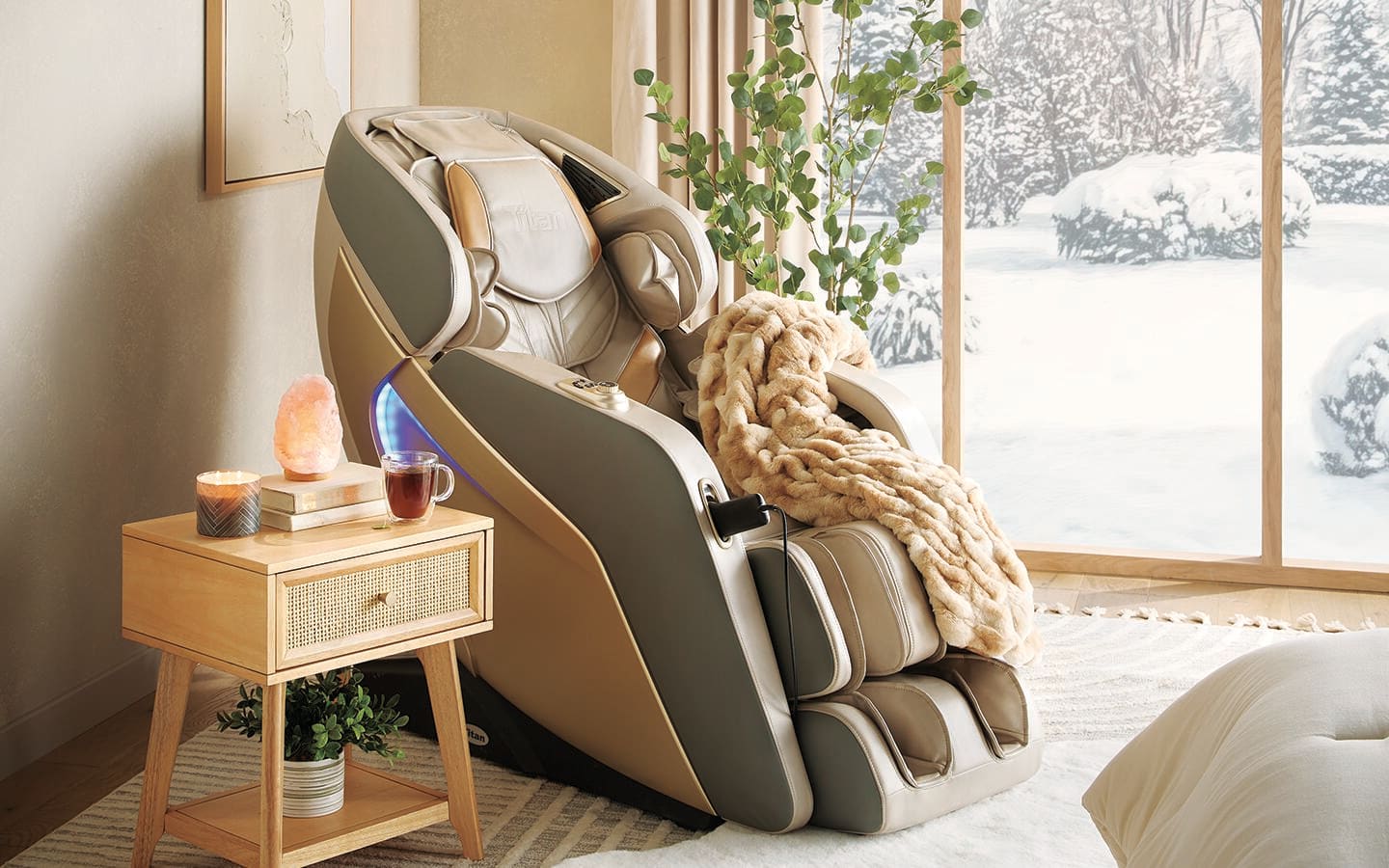 A faux fur throw laying across a massage chair in a living room. A faux fur throw laying across a massage chair in a living room.