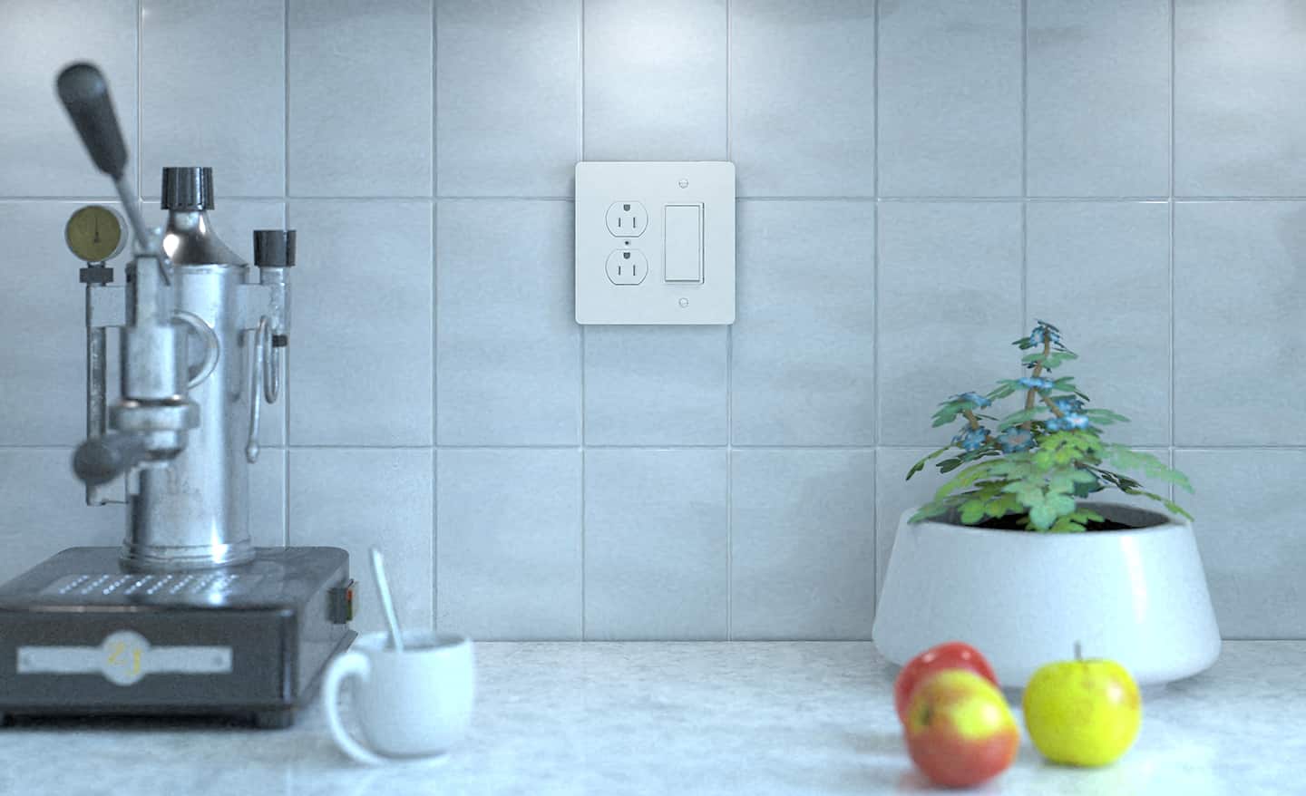 A GCFI wall outlet installed in a kitchen.