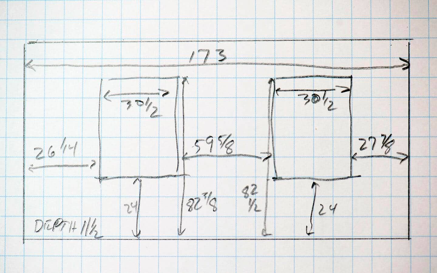 A handwritten diagram of measurements obtained for building a shelving unit.