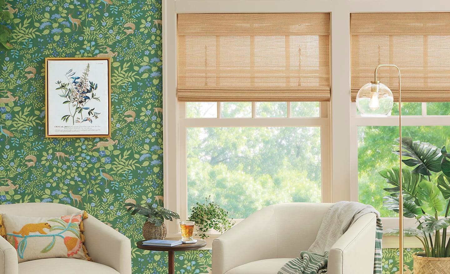 Woven shades hanging next to a sitting area. Woven shades hanging next to a sitting area.