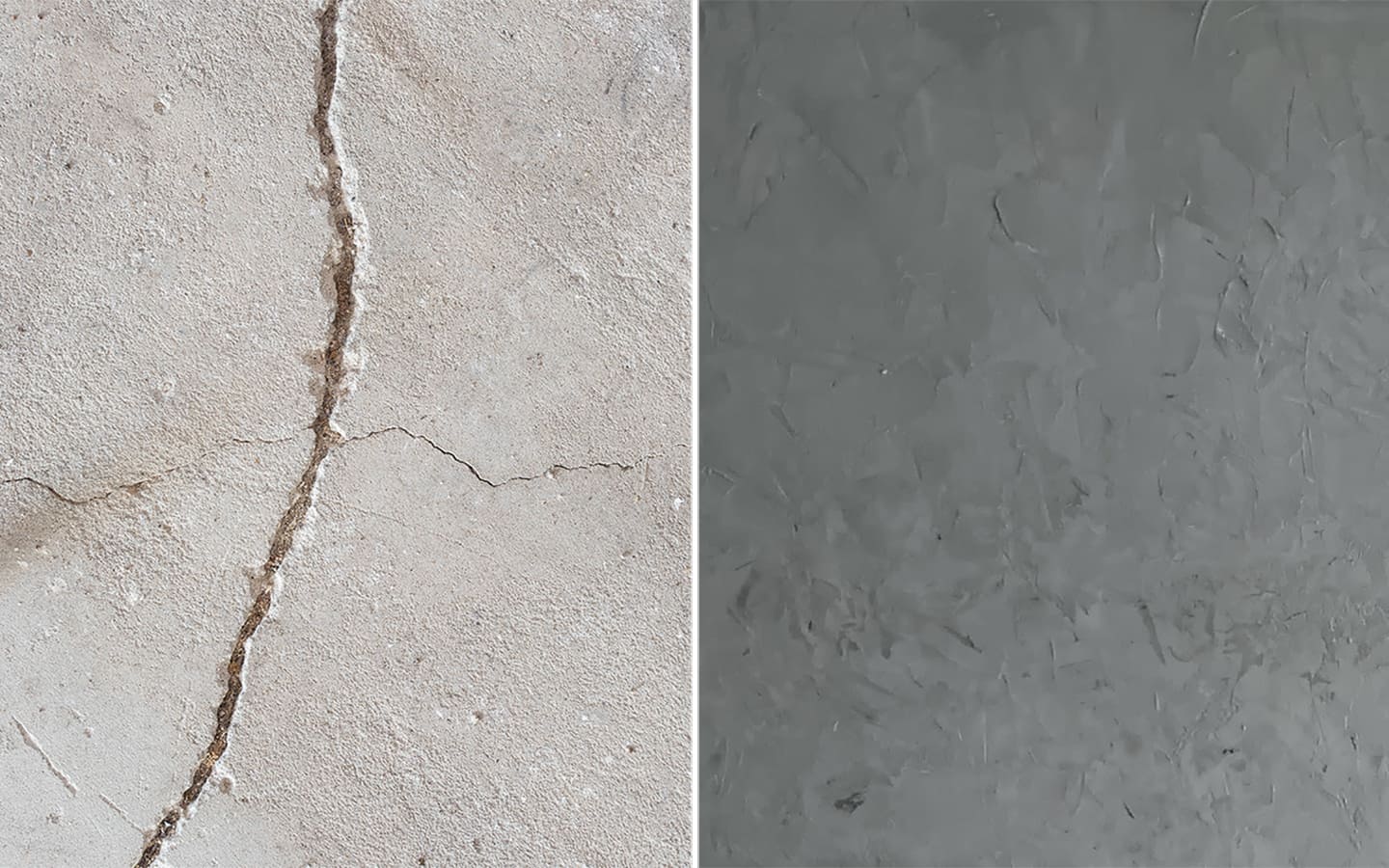 A cracked concrete floor compared to a floor repaired with concrete restorer.