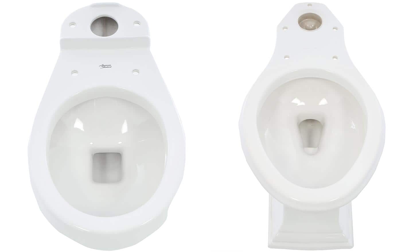 A round toilet bowl placed beside an elongated toilet bowl.