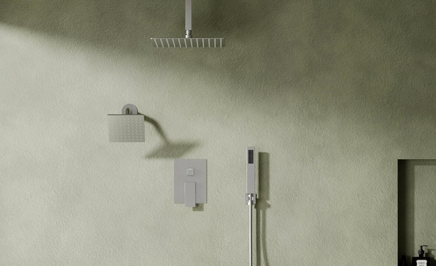 A shower system with a large square rain shower head. A shower system with a large square rain shower head.