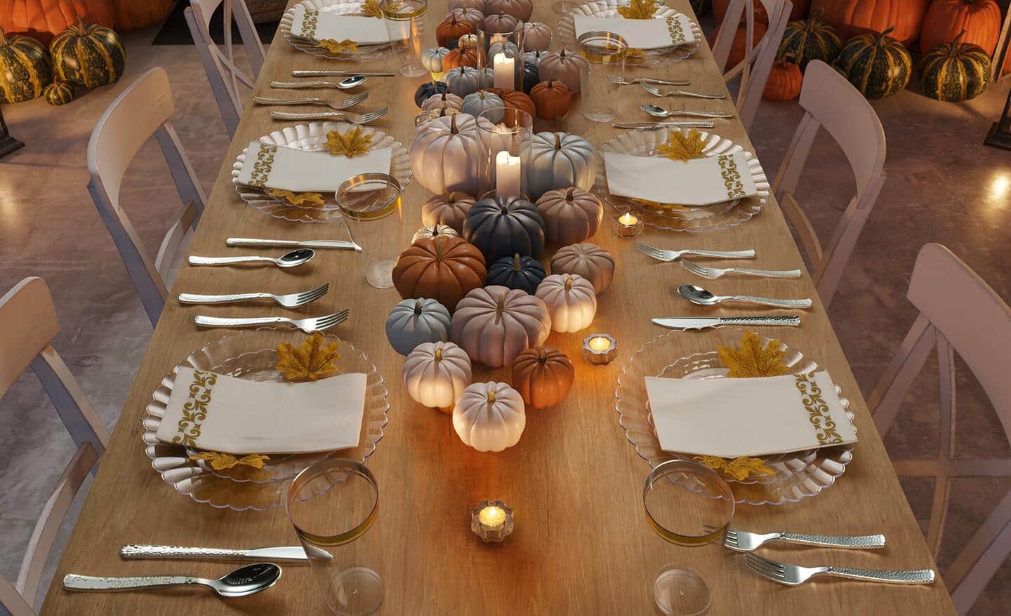 A holiday tablescape features mini pumpkins, lit candles, and tableware. A holiday tablescape features mini pumpkins, lit candles, and tableware.