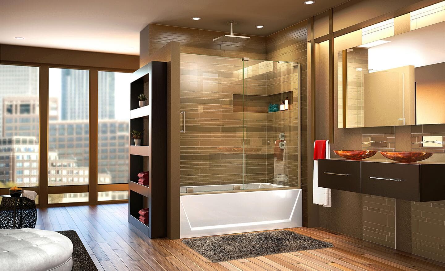 A bathroom with a shower tub combo that has glass sliding shower doors.