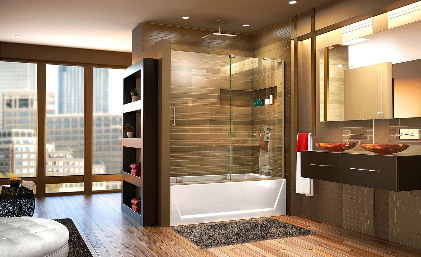 A bathroom with a shower tub combo installed with sliding shower doors.