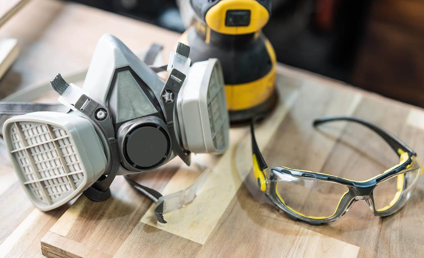 Safety equipment sits on a table. Safety equipment sits on a table.
