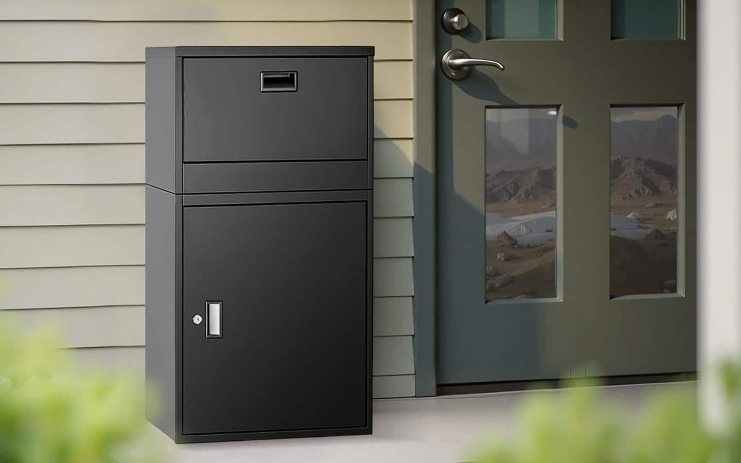 A mailbox made to keep packages secure sits on a front porch. A mailbox made to keep packages secure sits on a front porch.