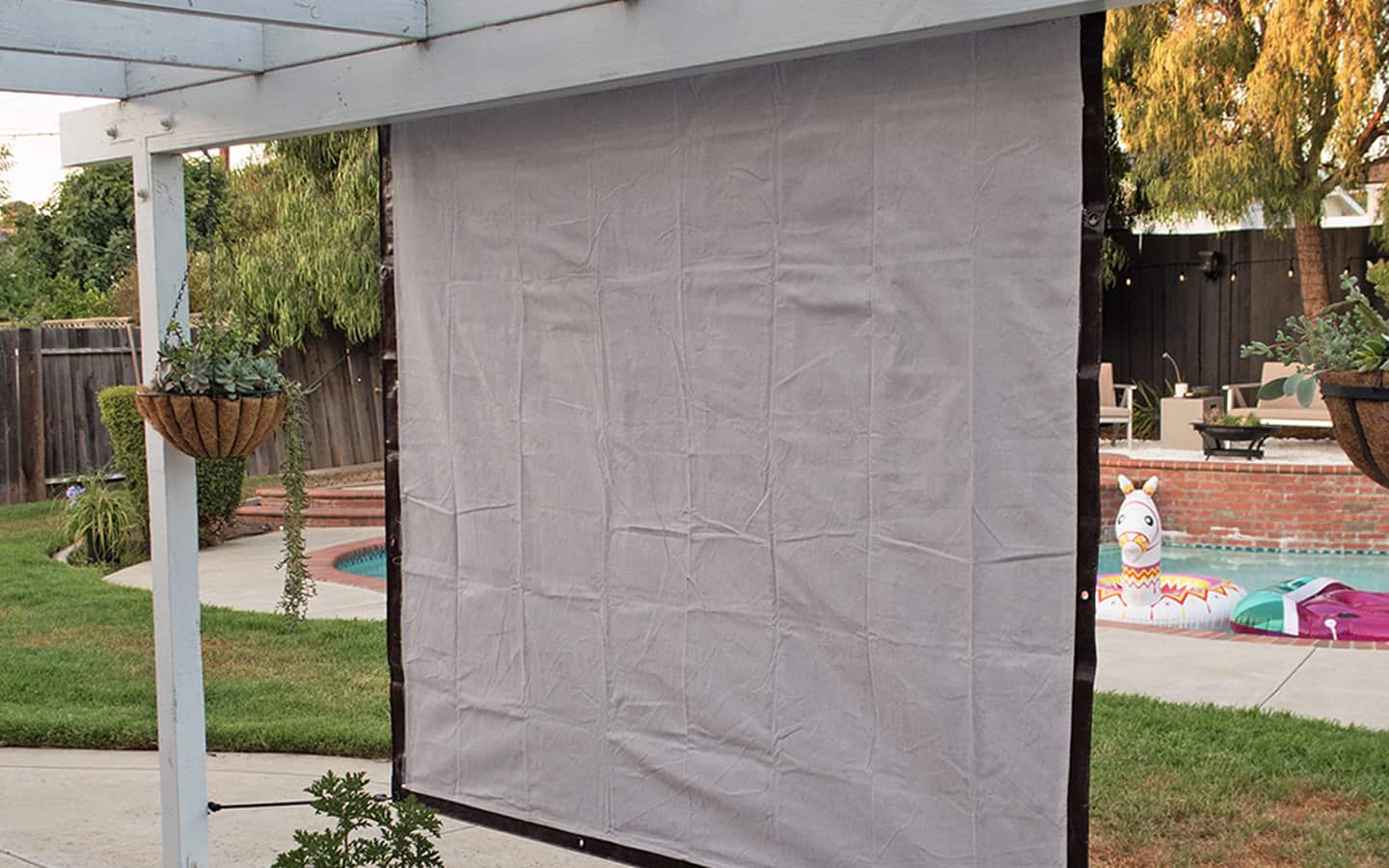 The screen in unrolled and ready for movie night.