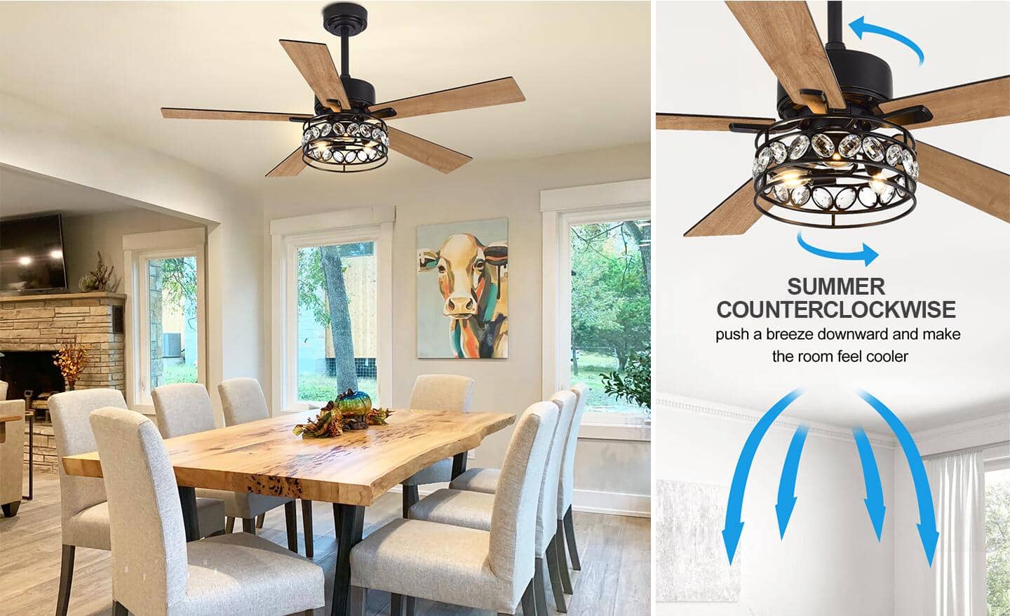 A ceiling fan hangs over a kitchen table during the summer months.