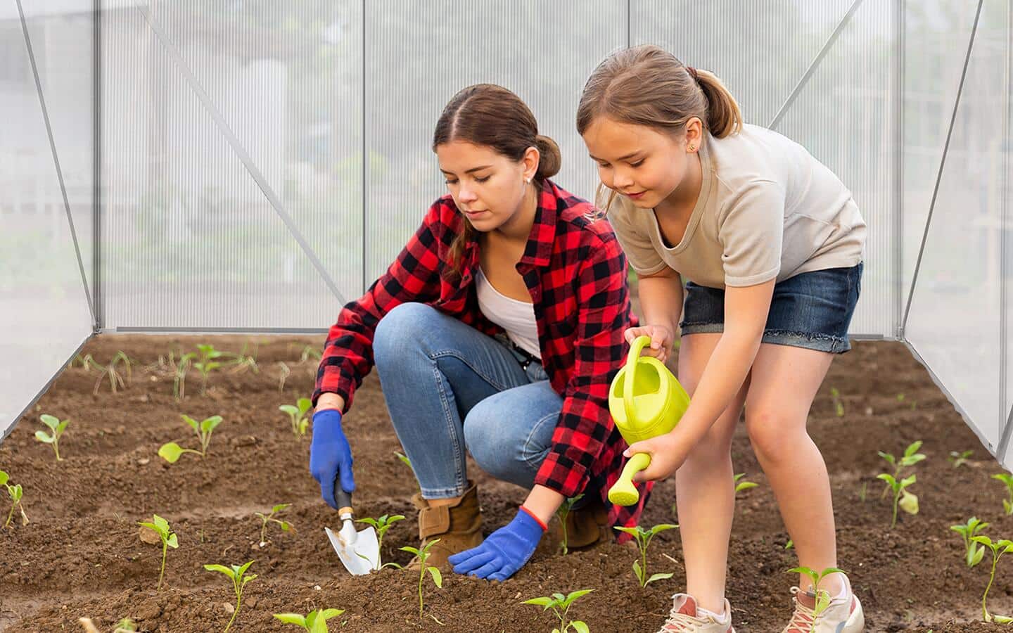 Two persons plant and water seedlings inside a greenhouse