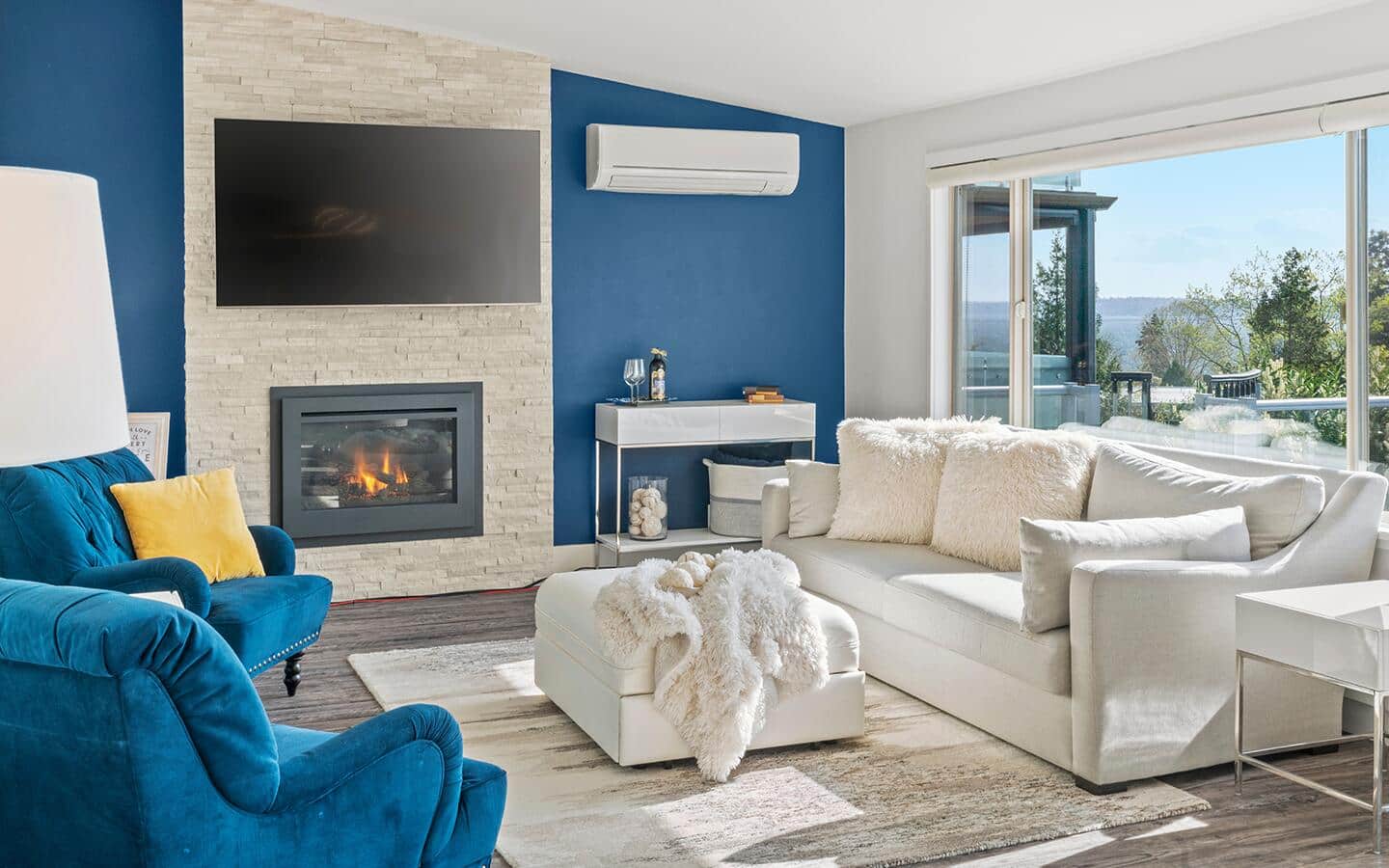 A blue and white living room color scheme.