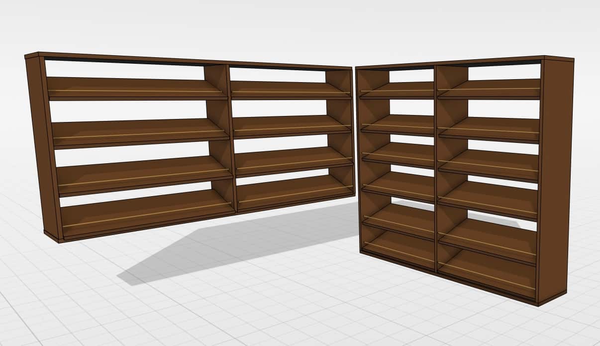 A rendering of wooden shelving system for closet organization. A rendering of wooden shelving system for closet organization.