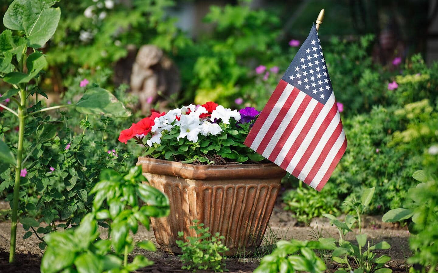 Red, white and blue flowers with an American flag in planter in a garden