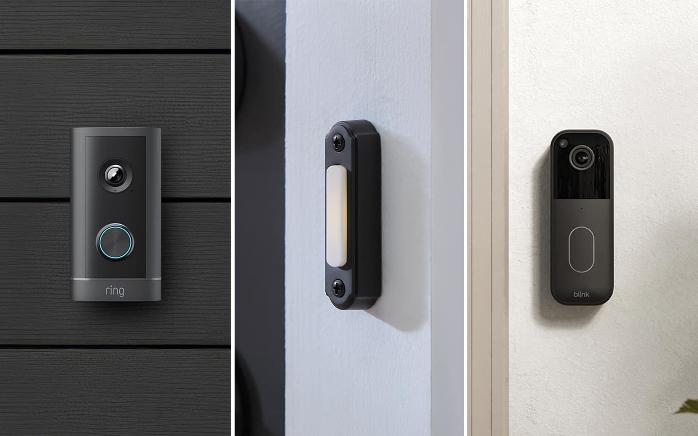 Side-by-side images of the different doorbell types mounted on exterior walls. Side-by-side images of the different doorbell types mounted on exterior walls.