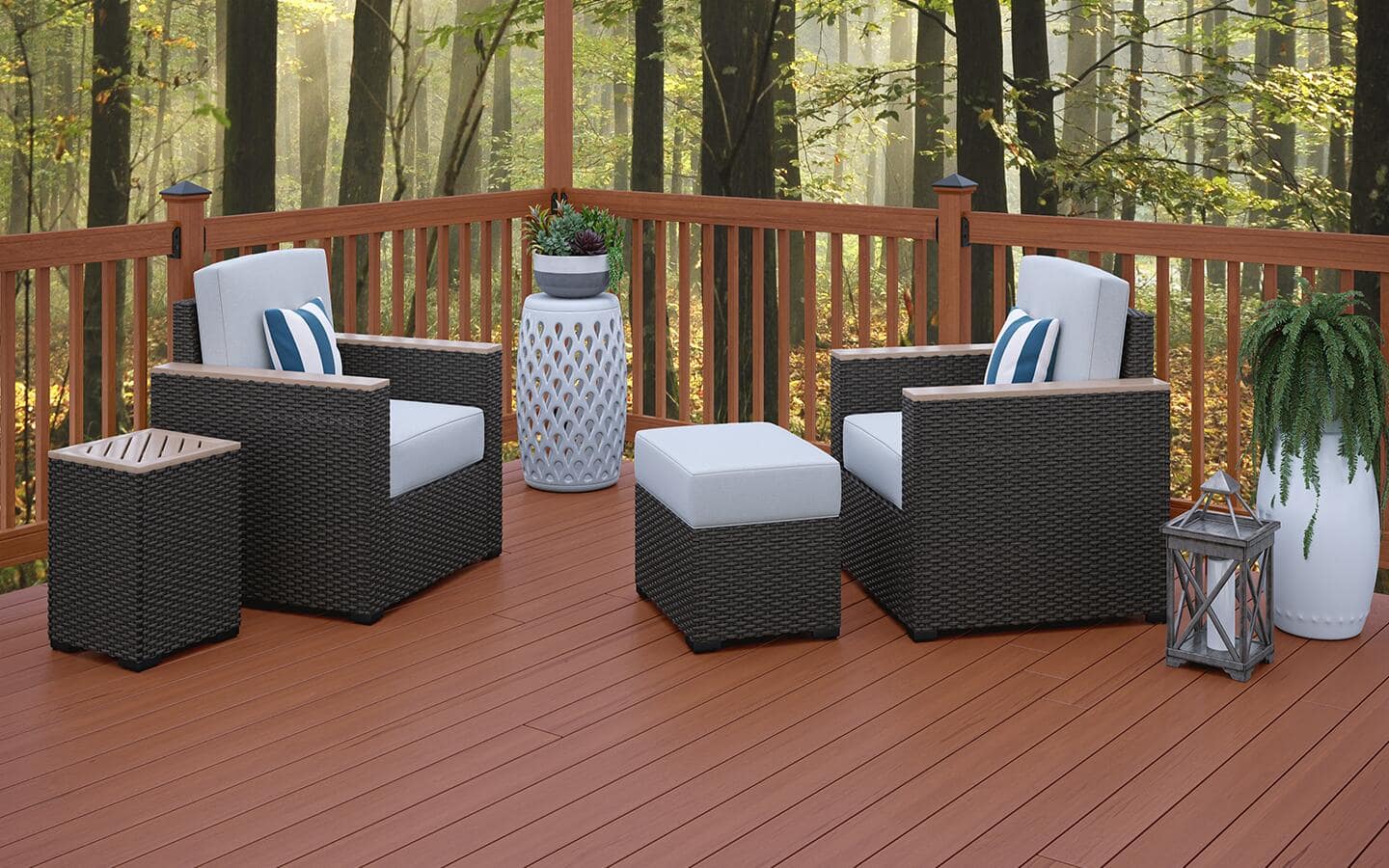 Furniture and potted plants sit on a deck with boards made of mountain redwood. Furniture and potted plants sit on a deck with boards made of mountain redwood.
