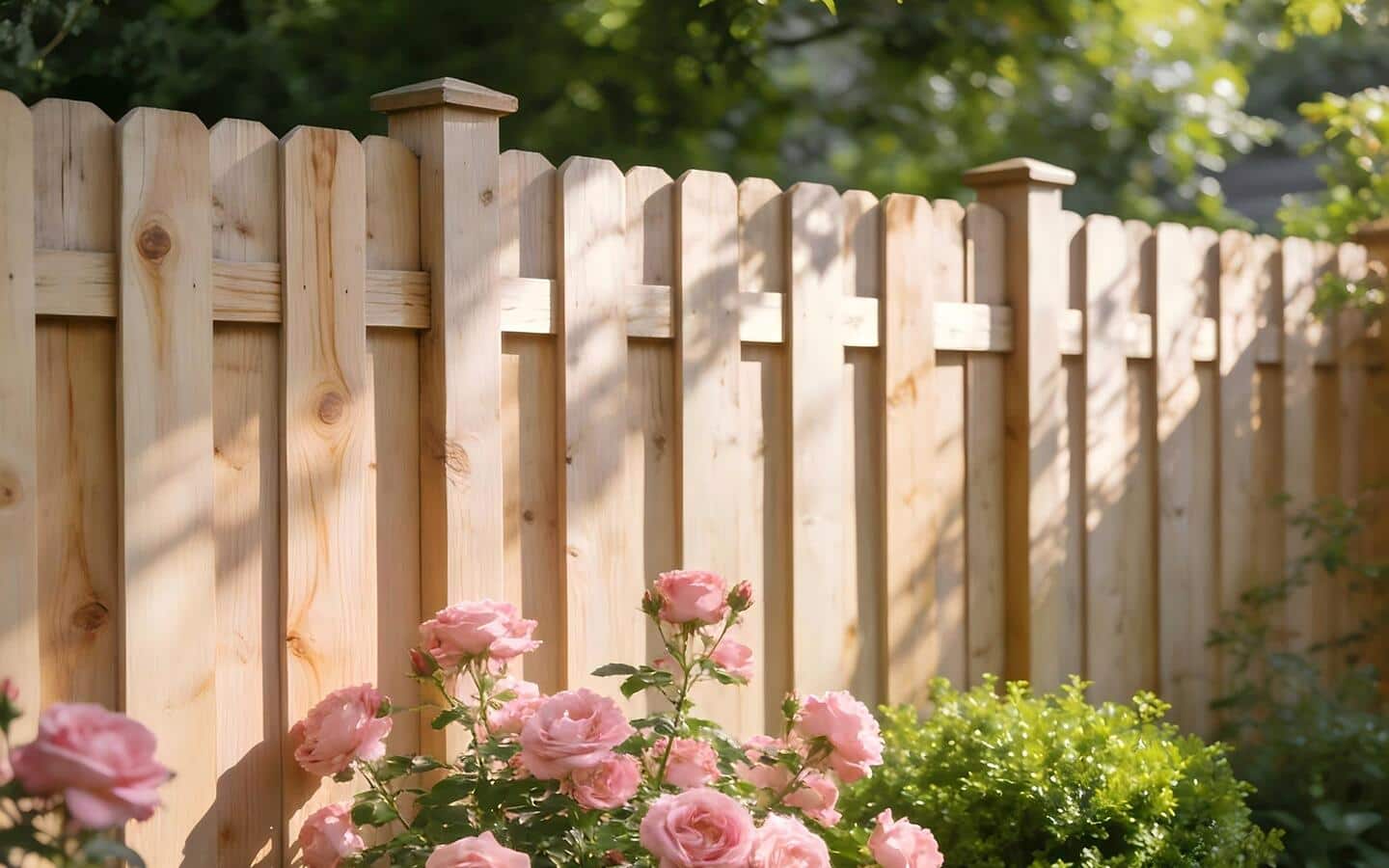 Roses growing in front of a pine fence.