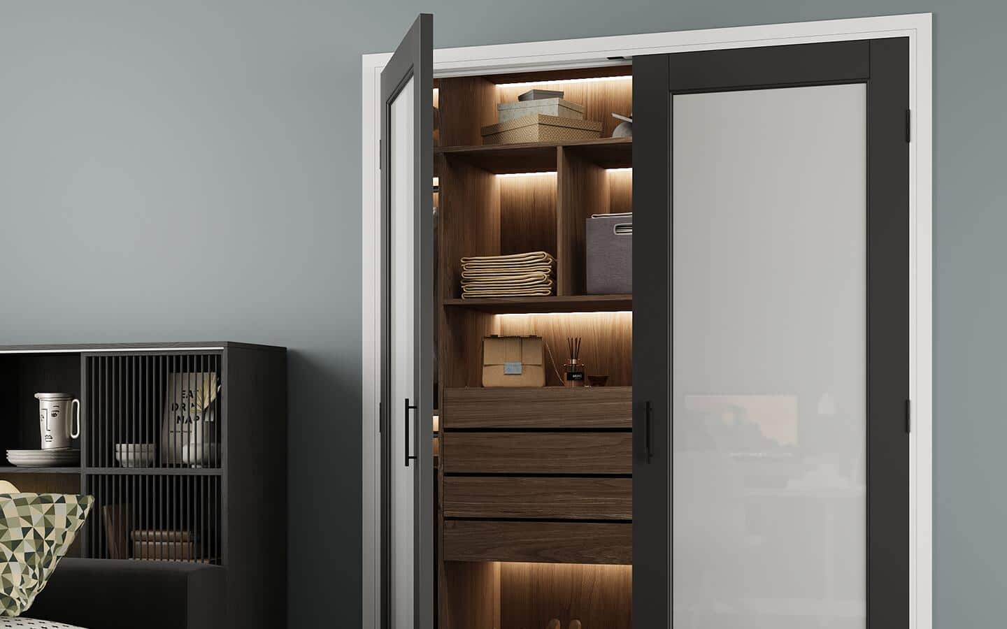 French doors with glass panels with one opened to show shelves and drawers inside a closet. French doors with glass panels with one opened to show shelves and drawers inside a closet.