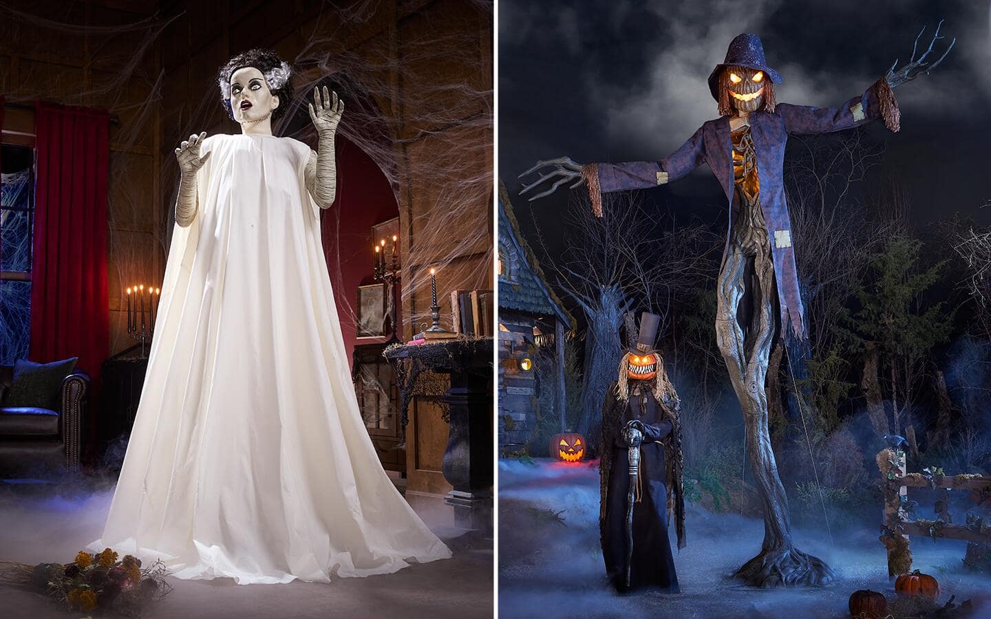 A dual image of an imposing Bride of Frankenstein on the left and the grisly Pumpkin Head Skeleton on the right.