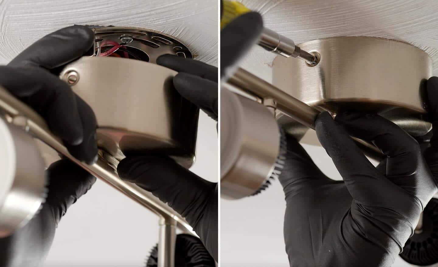 Left image: A person tucks in wires and places a new track lighting fixture onto the mounting plate on the ceiling. Right image: A person uses a screwdriver to secure the track lighting fixture to the tab on the mounting plate.