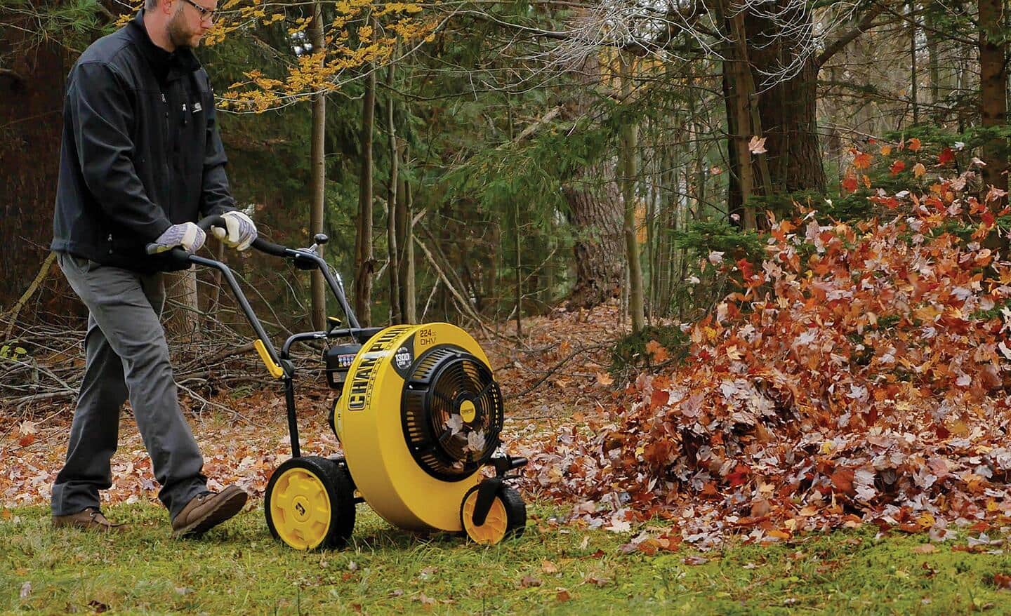A worker clears leaves in a yard with a push blower.