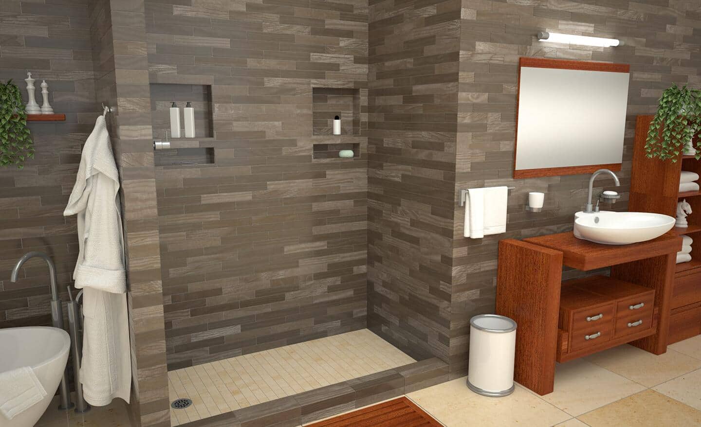 Wood-look tiles installed horizontally in a large shower.