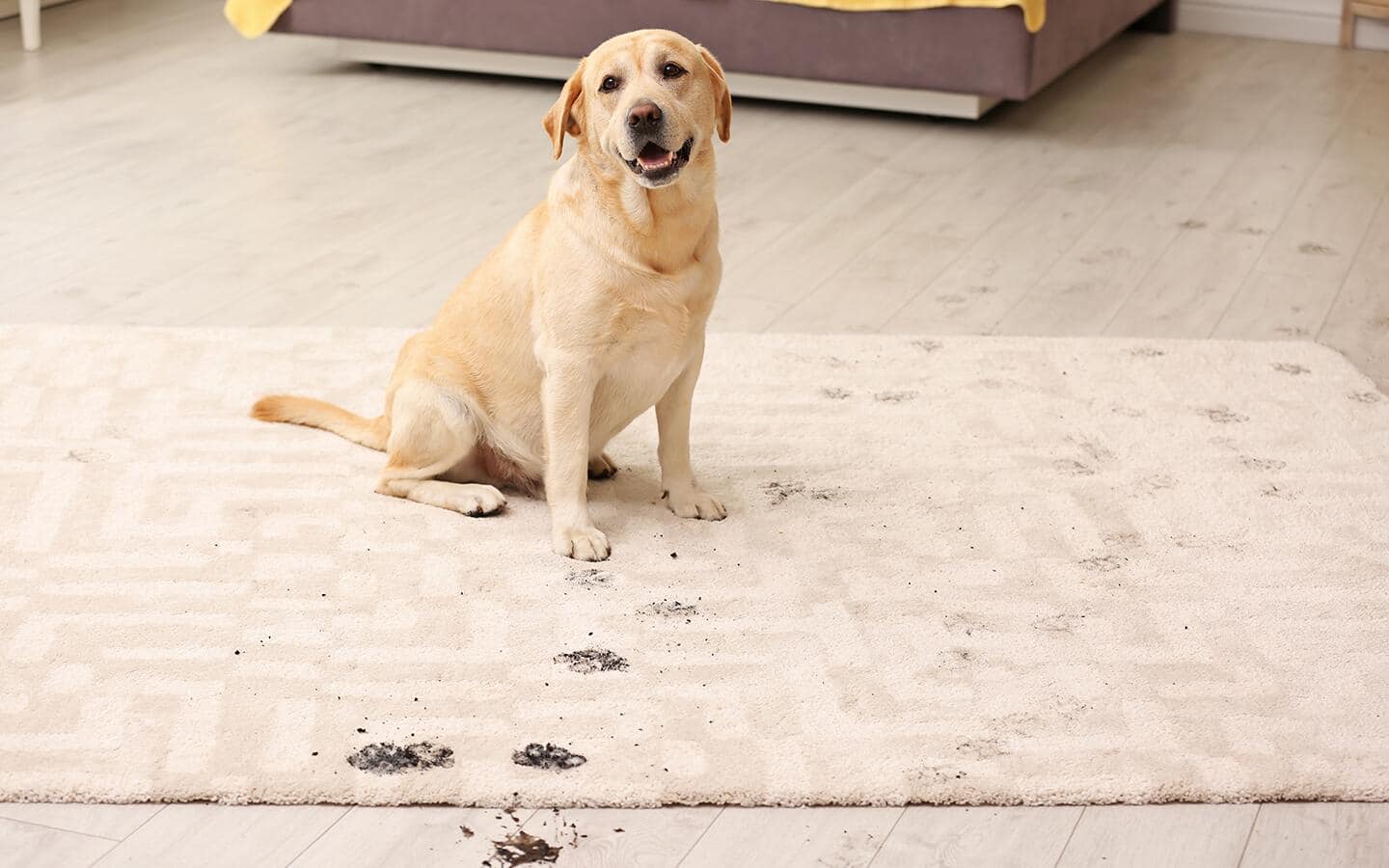A tan dog tracking mud on a beige area rug. A tan dog tracking mud on a beige area rug.
