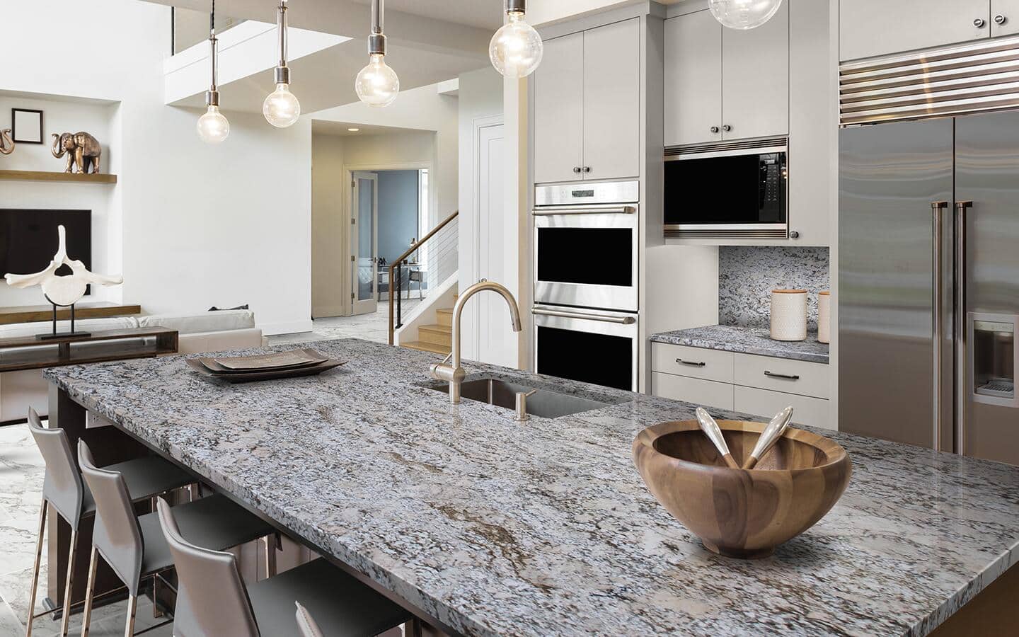 A new granite countertop installed on a kitchen island.