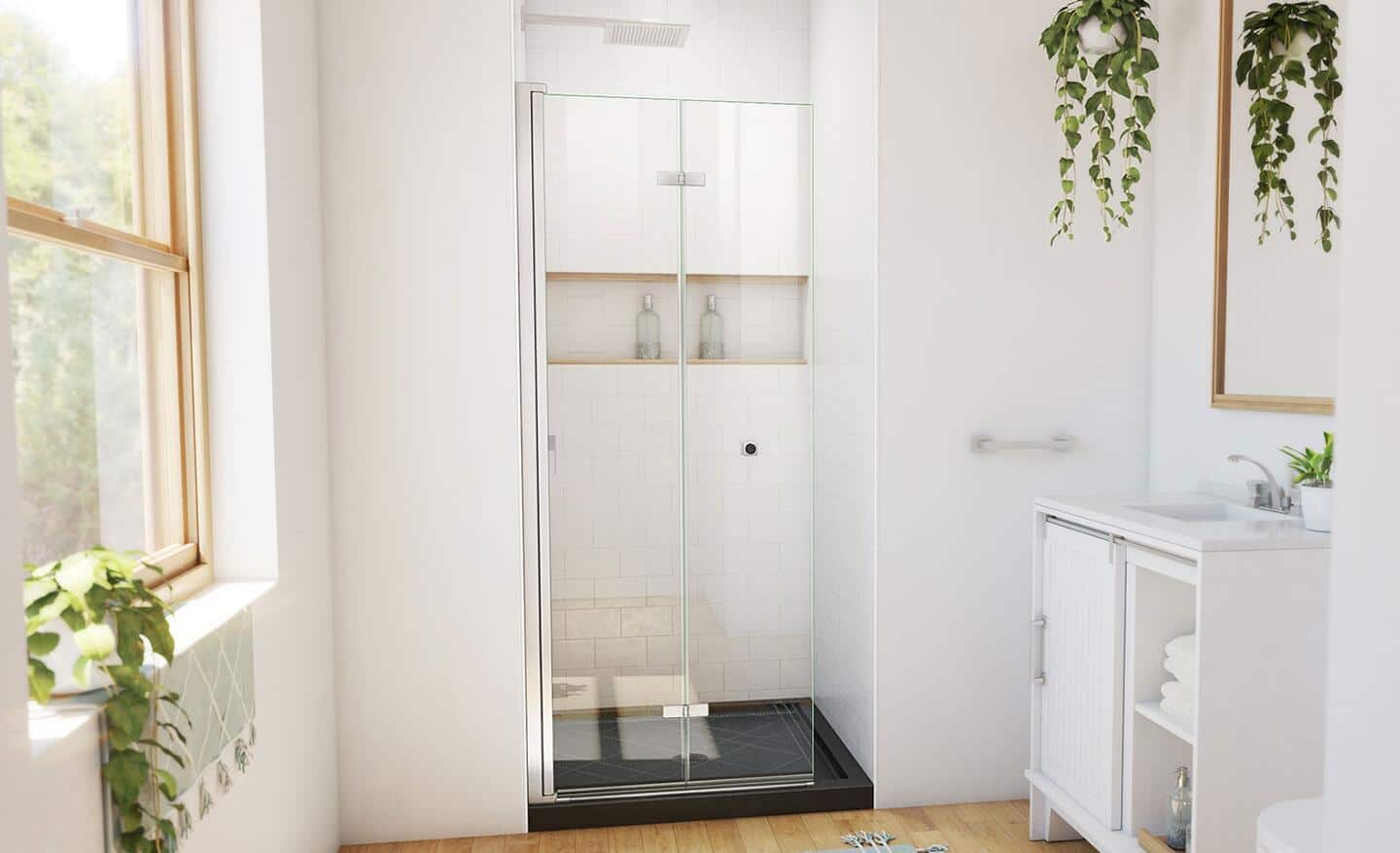 A shower in a small bath featuring bi-fold doors.
