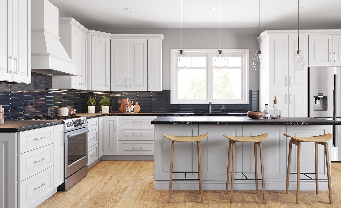 A kitchen featuring shaker white cabinets and island.