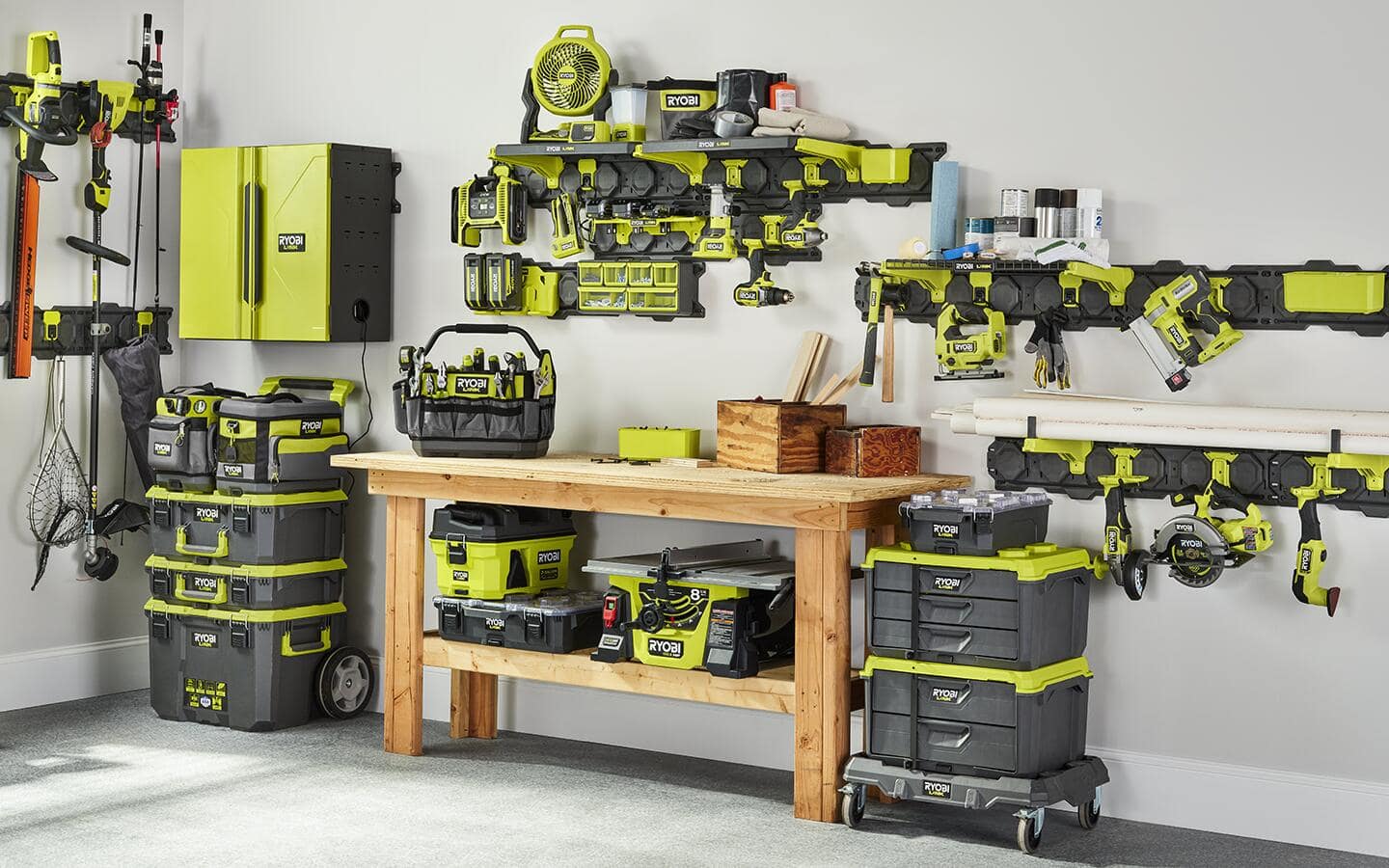 A modular tool storage system that shows mobile and stationary accessories.