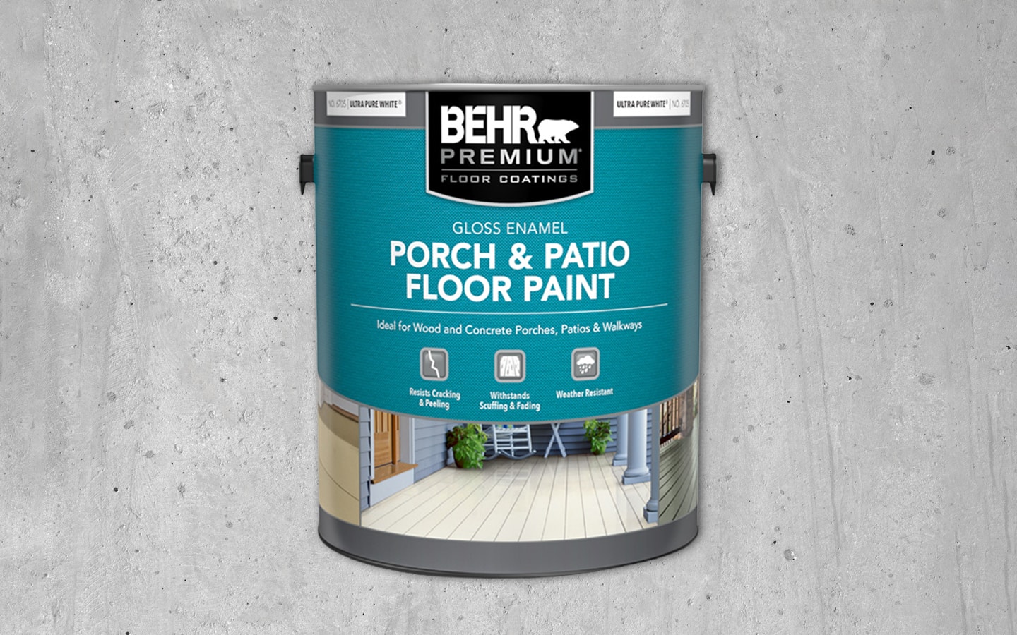 A can of porch and patio floor paint for concrete placed in front of a wall.
