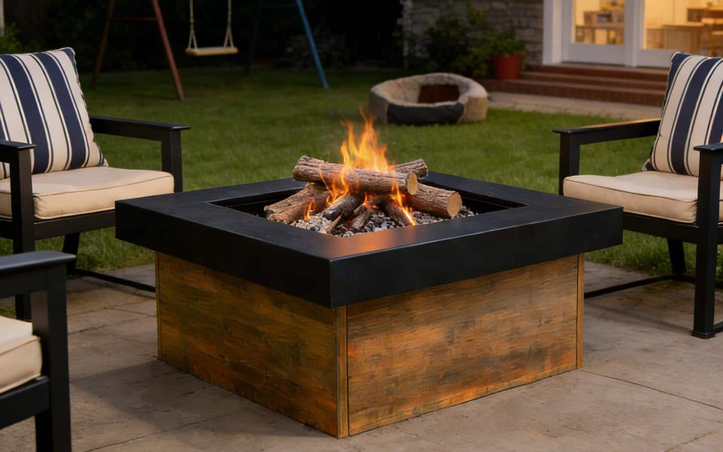 Logs burning in a firepit on a backyard patio