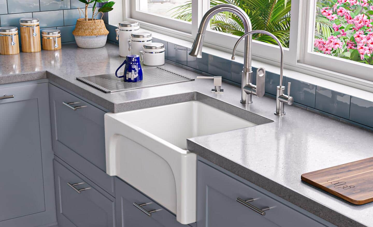 A single-basin farmhouse sink in white.