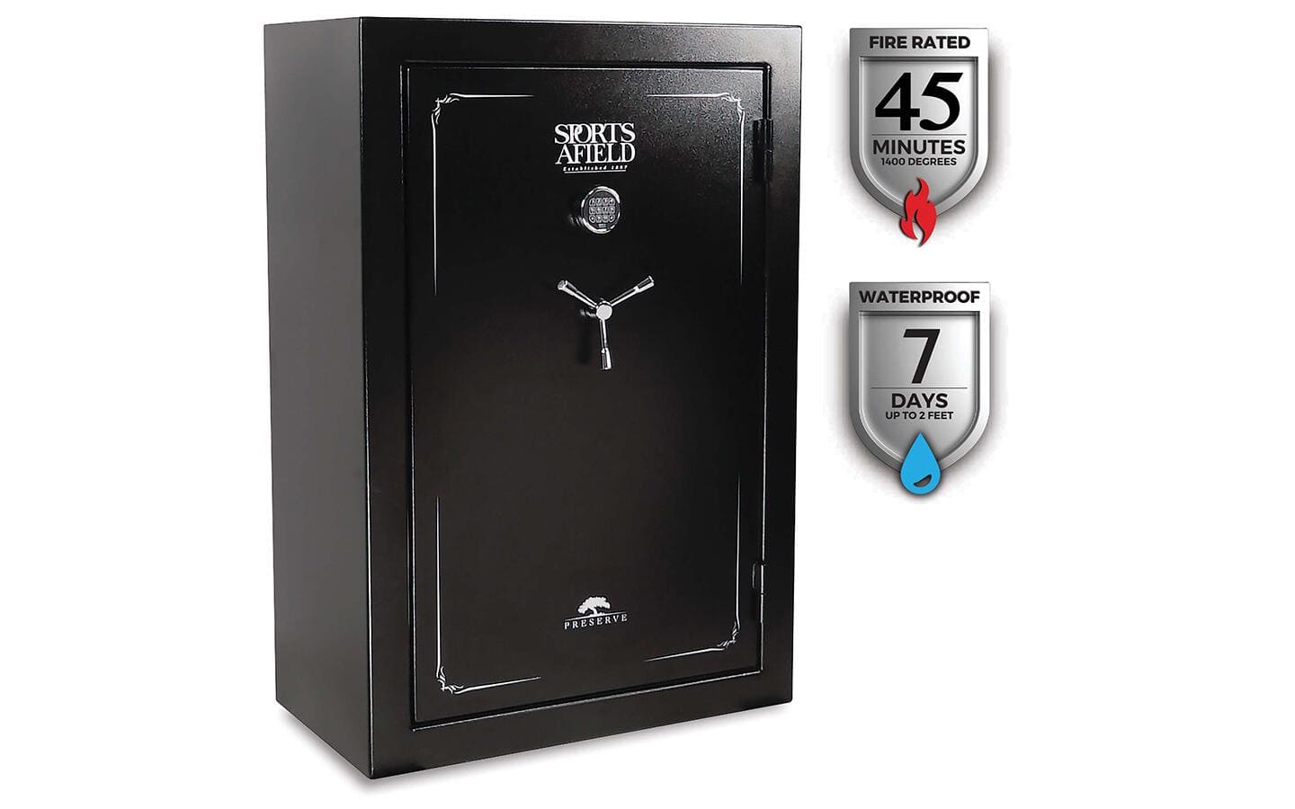 A black gun safe designed to protect from water and heat, with the ratings shown.